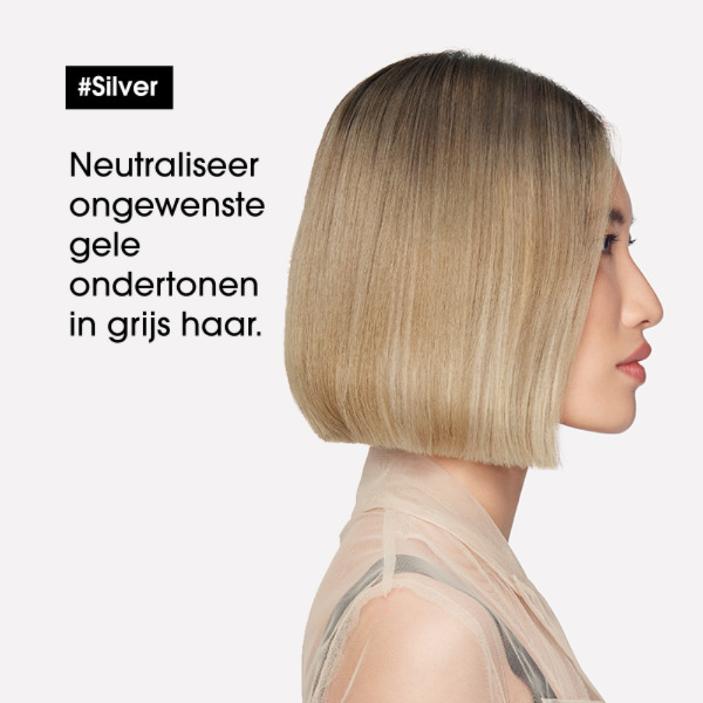 neutraliseer ongewenste gele ondertonen in grijs haar met de silvershampoo van loreal