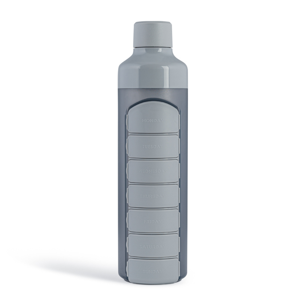 YOS Bottle - Drinkfles met Pillendoos 7 Dagen - Handige waterfles met aankoppelbare Pillendoos - 375 ML - Grijs